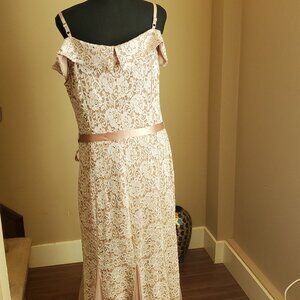 Full length blush pink lace gown with pink satin removable belt